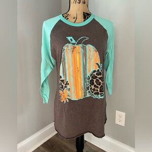 Three quarter sleeve fall pumpkin shirt
